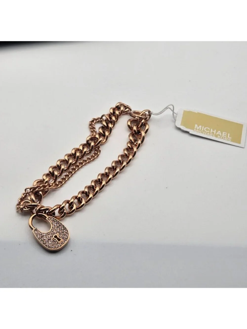 Michael Kors Rose Gold-Tone Padlock Chain Bracelet With Pave Crystals